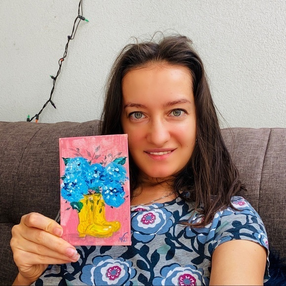 Rain Boot Painting Hydrangea Original Art Canvas Floral Artwork - Picture 7 of 10